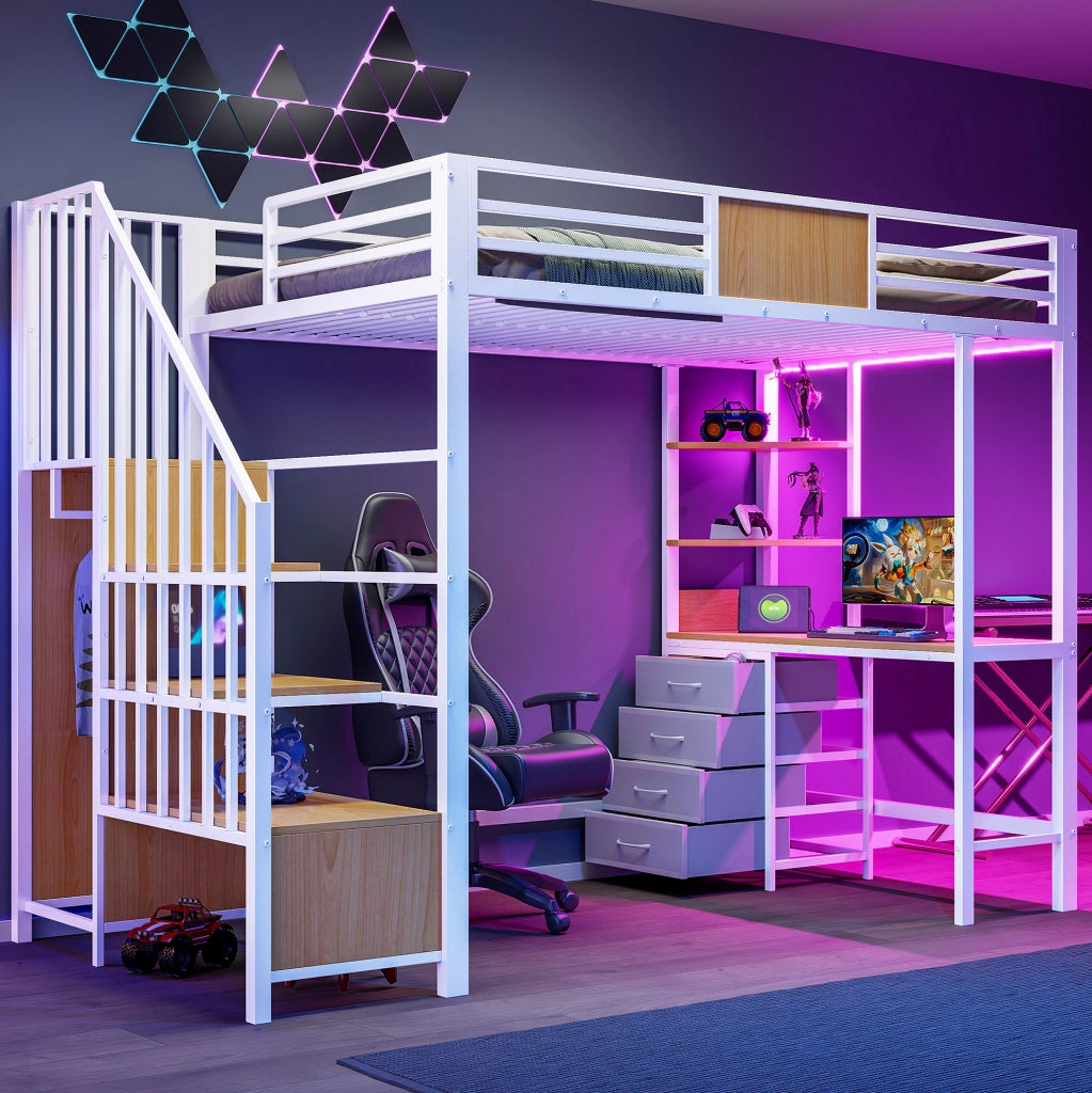 Letto a soppalco 90x200 con scrivania, ripiani, appendiabiti e LED
