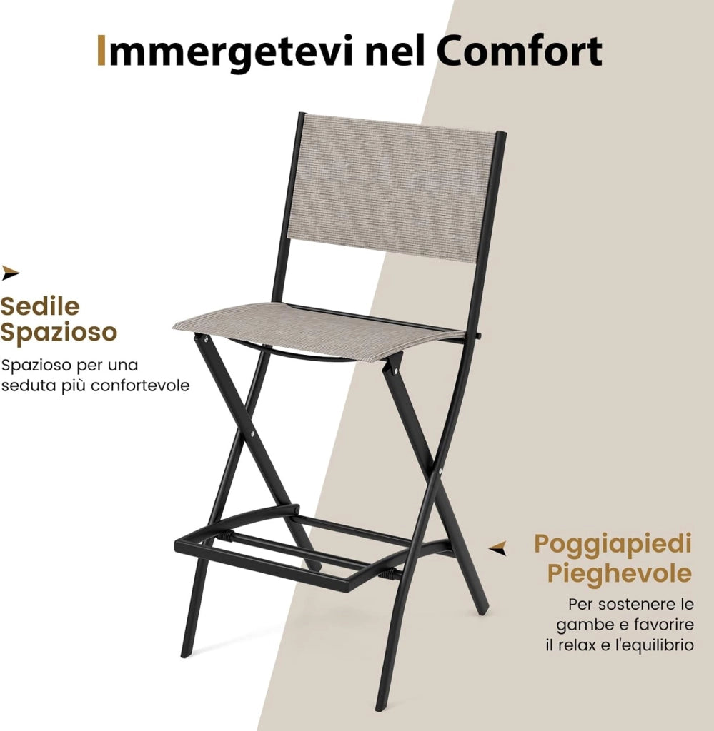 Set di Sgabelli da Bar 2 Pezzi, Sedie Alte e Pieghevoli con Telaio in Metallo e Poggiapiedi, Sedie da Bar per Balcone, Giardino e Piscina (Caffè)
