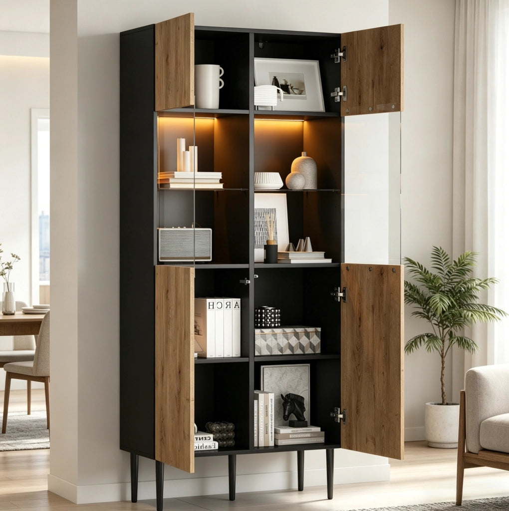Vetrina 80x35x180 cm con illuminazione LED e 10 vani in MDF nero e naturale