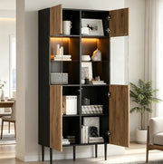 Vetrina 80x35x180 cm con illuminazione LED e 10 vani in MDF nero e naturale