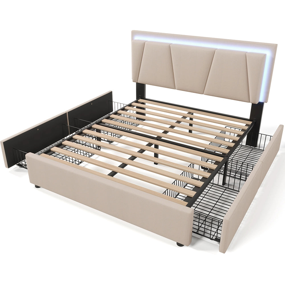 Letto matrimoniale imbottito - Xylo - 160x200cm - Beige - LED e 2 cassetti