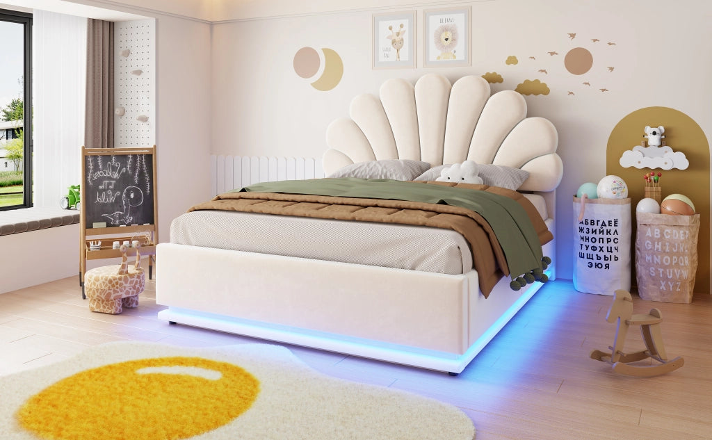 DESMIU Letto contenitore 140 × 200 cm 2 posti con vano idraulico e LED, senza materasso, in velluto, beige