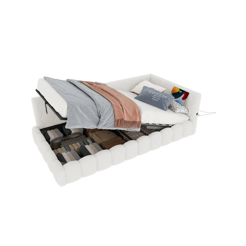 Letto Contenitore Imbottito con LED ¨C MINIMAL ¨C 90x200, Bianco, Idraulico, USB