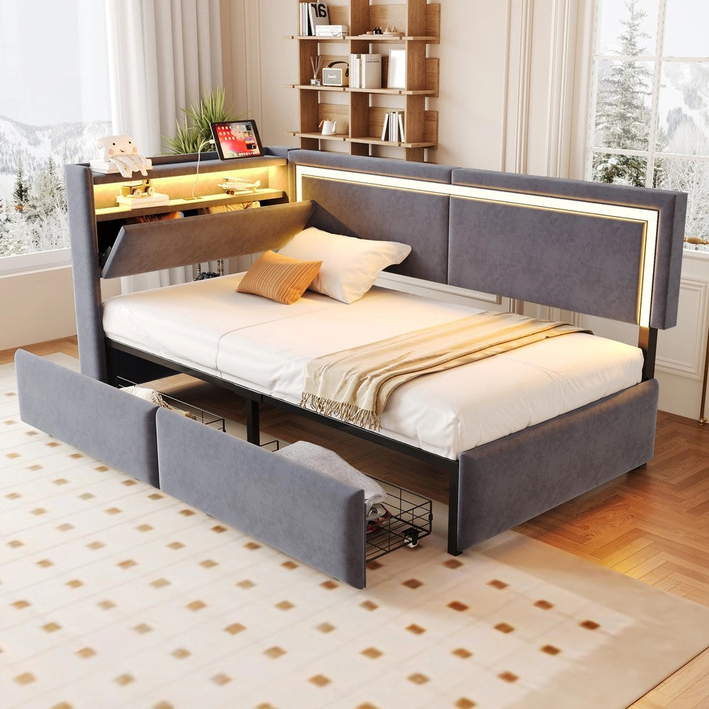 Letto Imbottito con LED, USB e Cassetto ¨C Xylo ¨C Velluto Grigio Scuro 90x200
