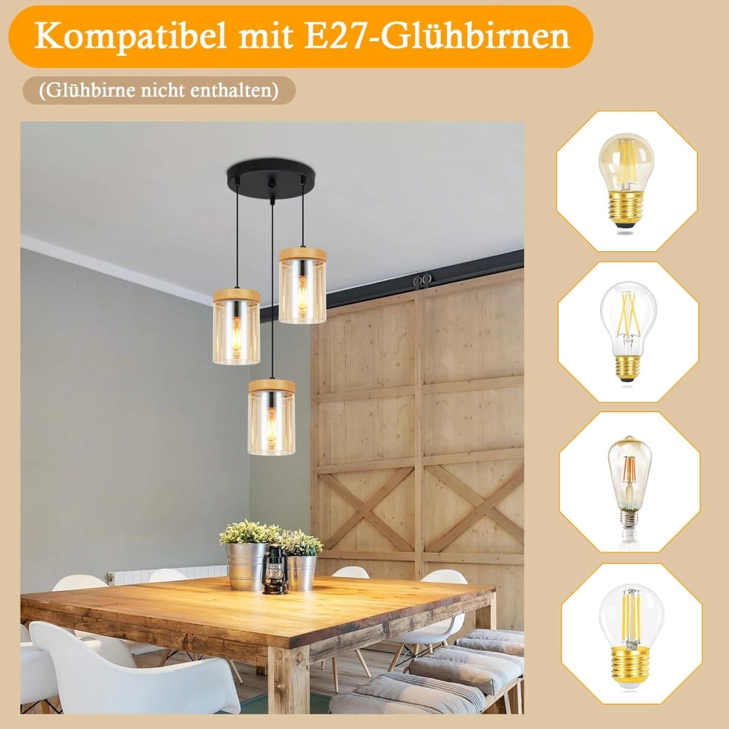 Lampada a Sospensione ZMH 3 luci trasparente E27 per sala da pranzo e camera da letto d'albergo