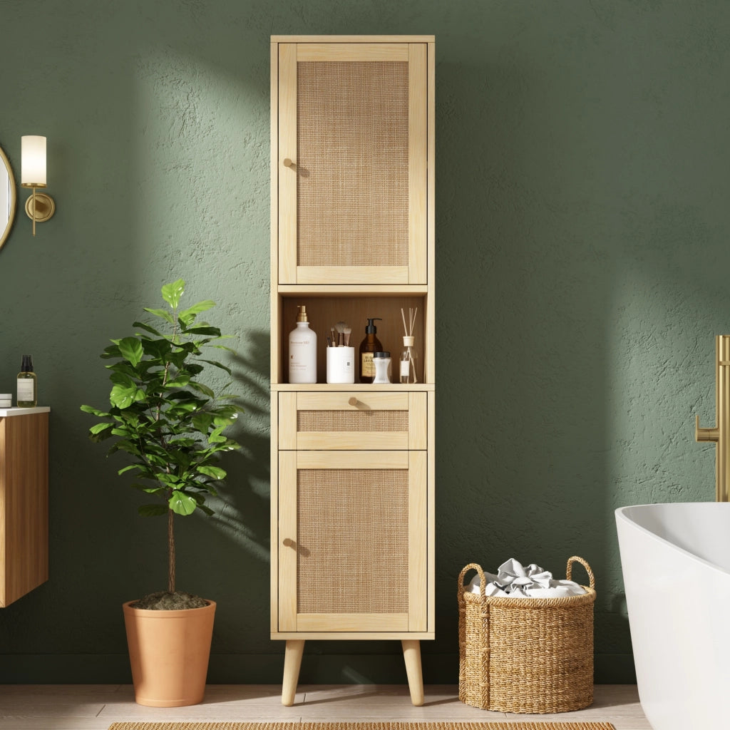 Mobile da bagno alto con 2 ante reversibili e 1 cassetto - per bagno - in MDF - 40x30x166 cm - naturale