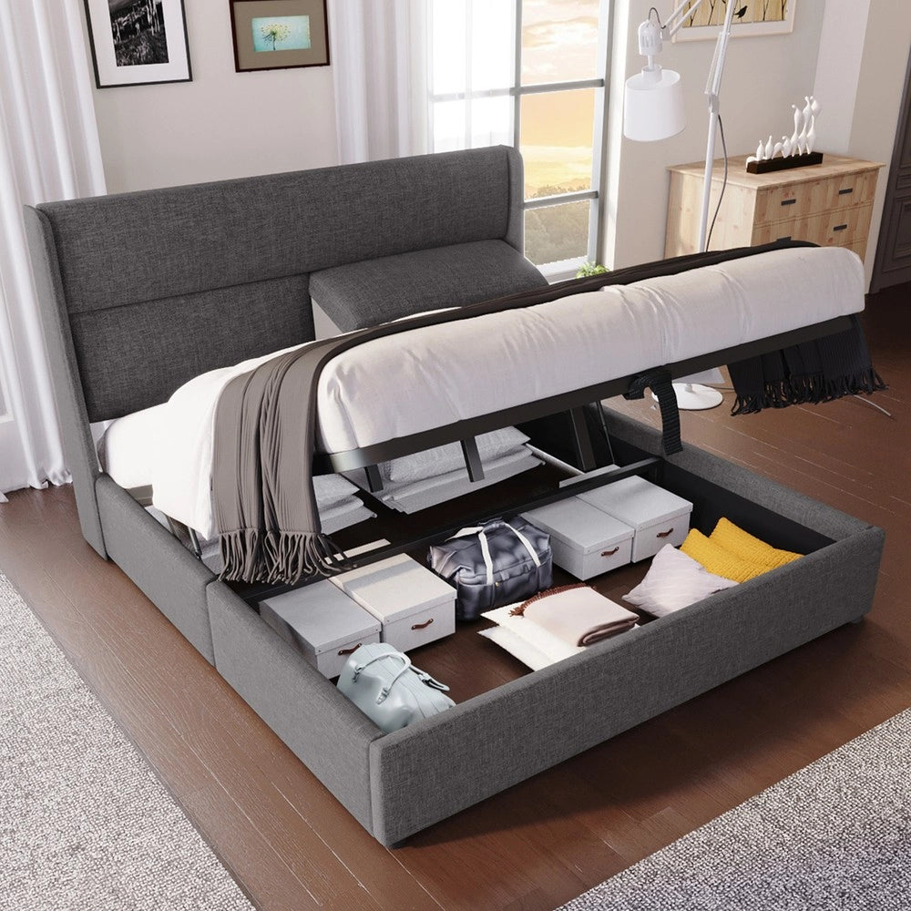 Letto Contenitore Imbottito 140x200 ¨C MINIMAL ¨C Grigio, Tessuto Lino, Metallo, Idraulico, Testiera Regolabile