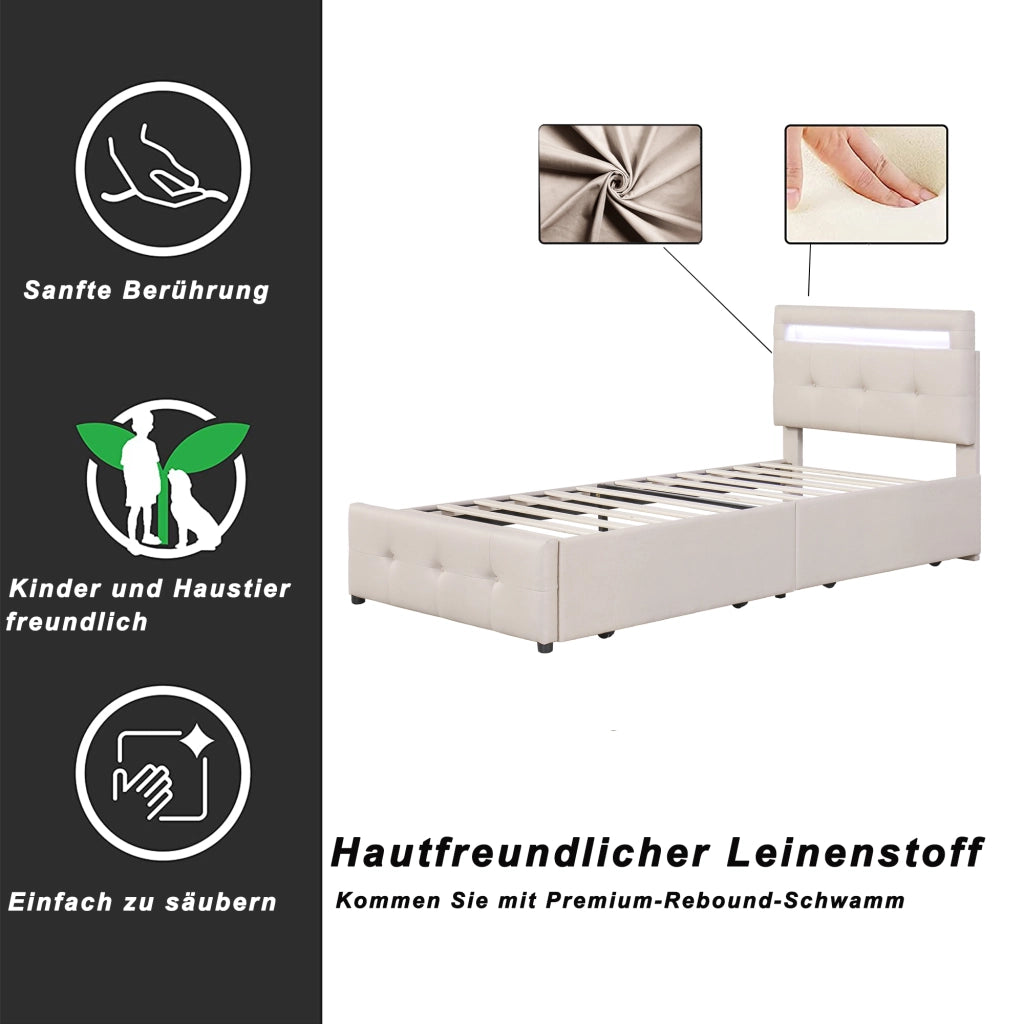 letto imbottito lino beige 90 x 200 cm
