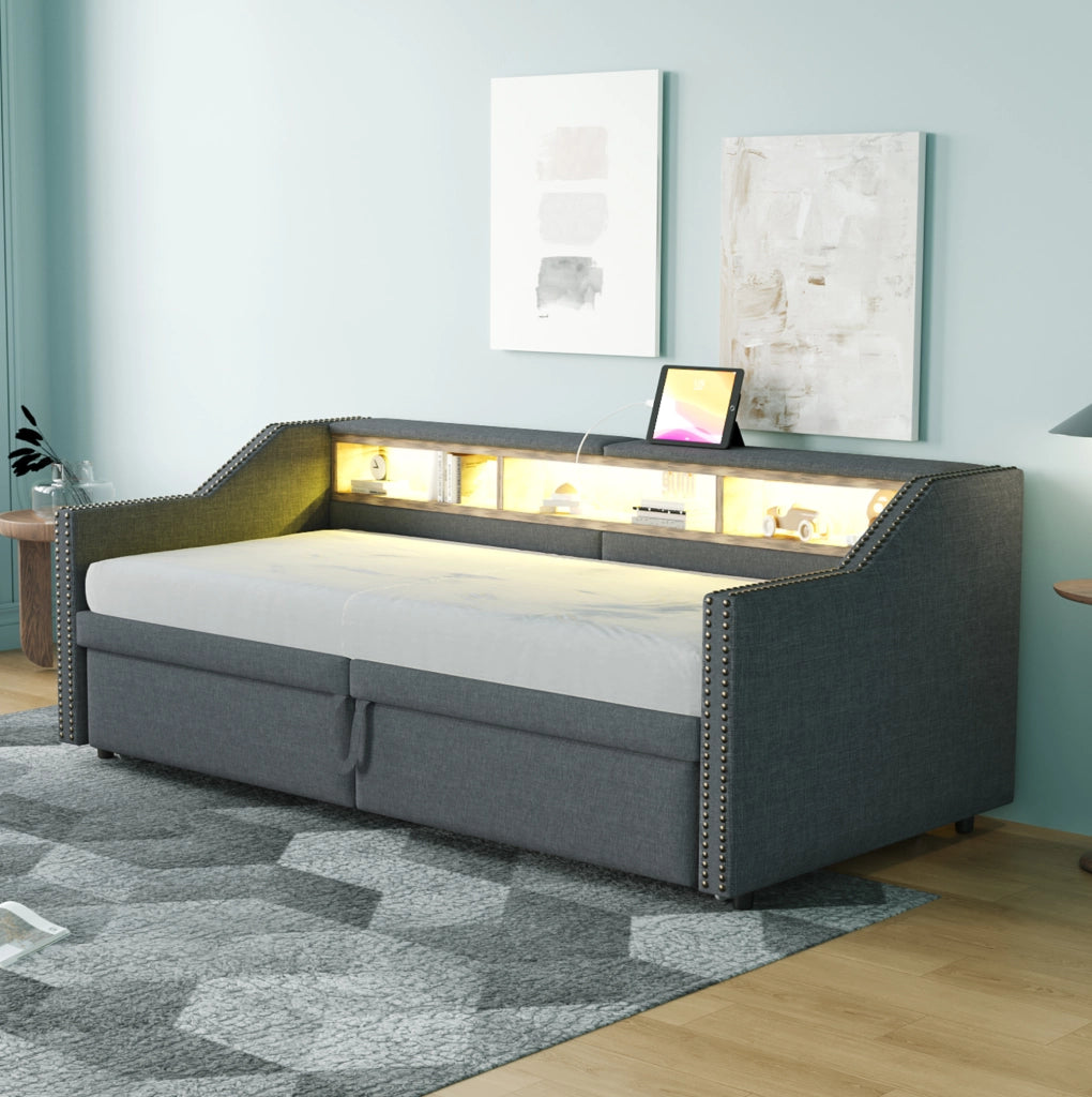 Divano letto imbottito estraibile 90/180 x 200 cm in tessuto grigio scuro con USB e LED