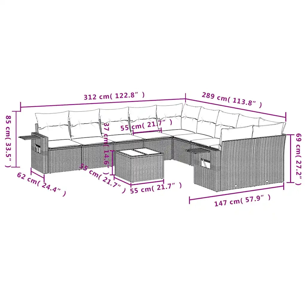 Set Divani da Giardino 11 pz con Cuscini Marrone in Polyrattan 3220723