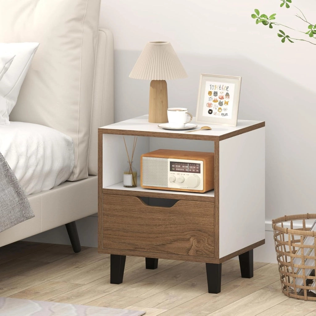 Comodino tavolino da letto con cassetto e scomparto aperto, Tavolo laterale con gambe in metallo per diverse stanze 1 x Comodino-Comodini