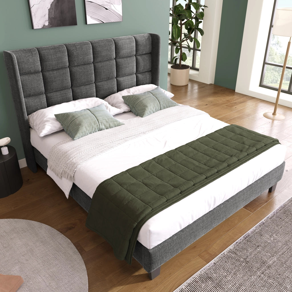 Letto matrimoniale imbottito; 140x200cm; con testiera imbottita in lino grigio