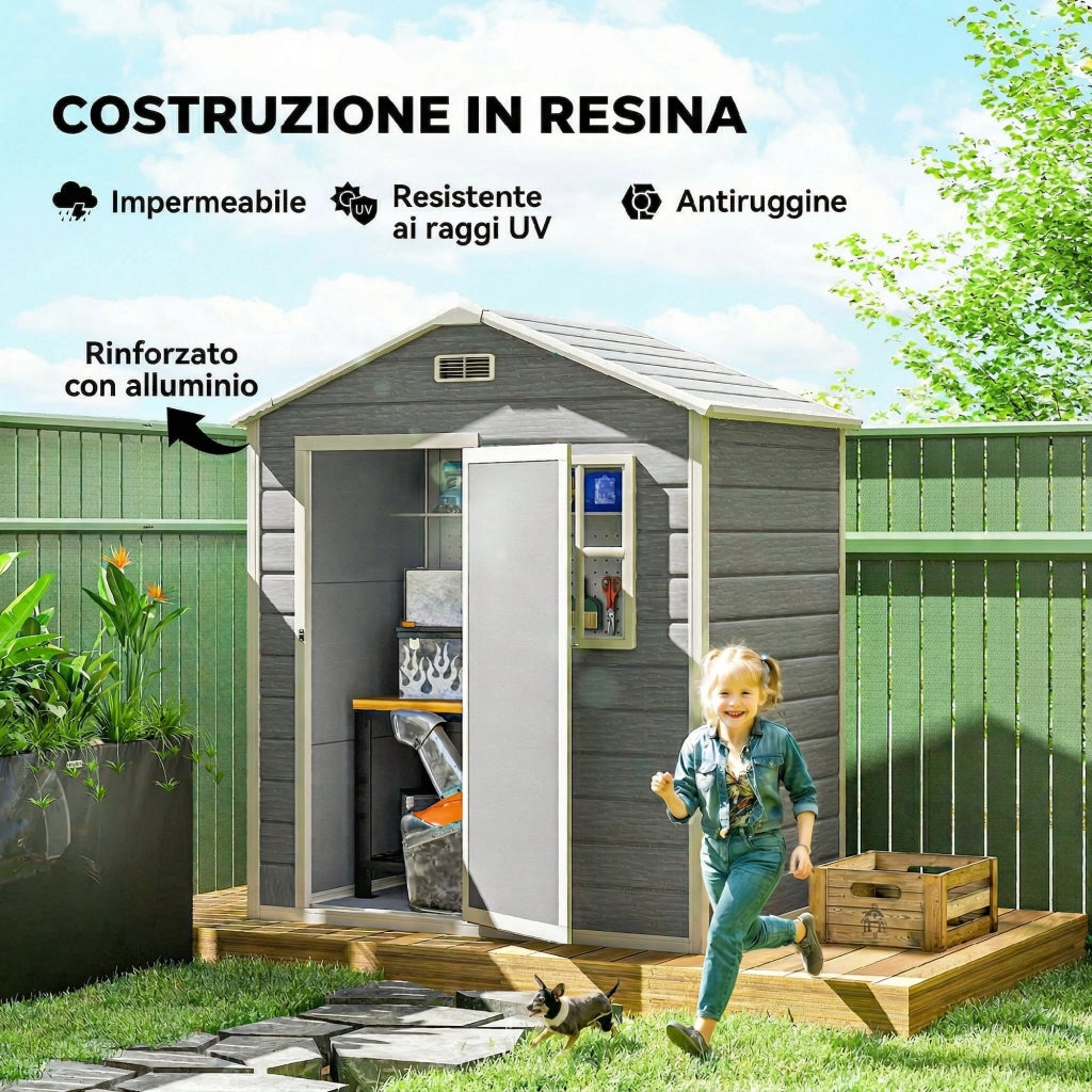 Capanno da Giardino 182x121x200 cm Box con Pavimento Finestra Porta con Serratura e Prese d'Aria in Plastica Grigio