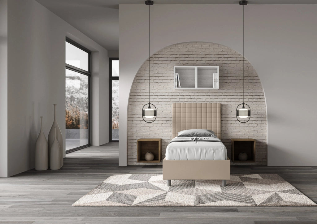 BS COM Letto singolo con rete imbottito 80x210 similpelle tortora
