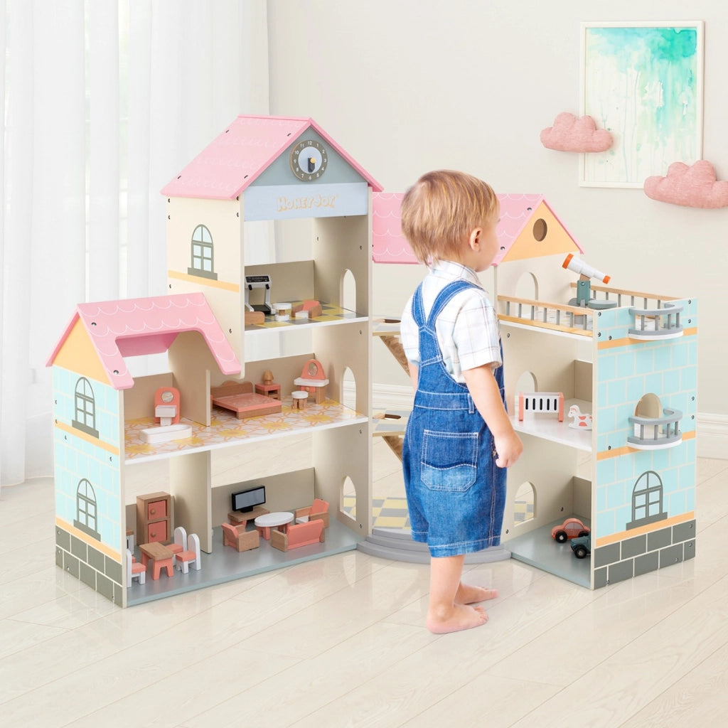 Casa delle bambole con tetto rosa con 41 mobili e accessori, Casetta delle bambole ad angolo in legno-Tende e Casette per bambini