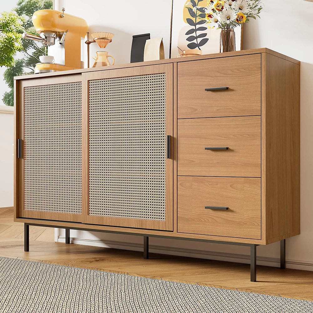 Credenza rustica 2 ante scorrevoli - Xylo - 3 cassetti, ripiani regolabili, per soggiorno, 140x91x37 cm