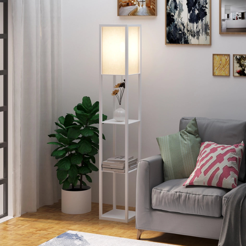 Lampada da Terra con Scaffale ¨C Xylo ¨C 3 Ripiani Legno MDF Bianco 26x26x160cm