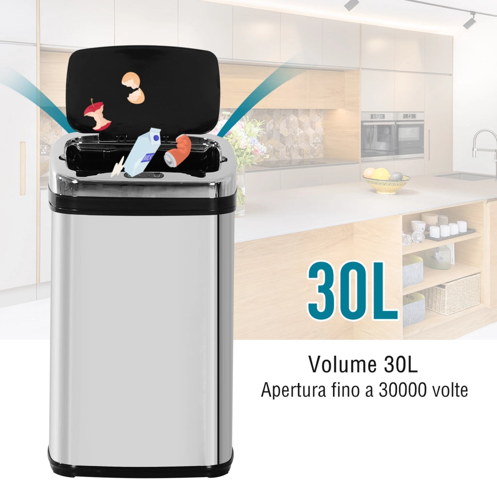 Pattumiera con Sensore a Infrarossi 30L ¨C Xylo ¨C Acciaio Inox e ABS, Argento, 33x25x58 cm