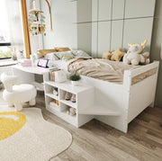 Letto singolo multifunzione 90x200 cm con scrivania; vani contenitore e prese USB; bianco