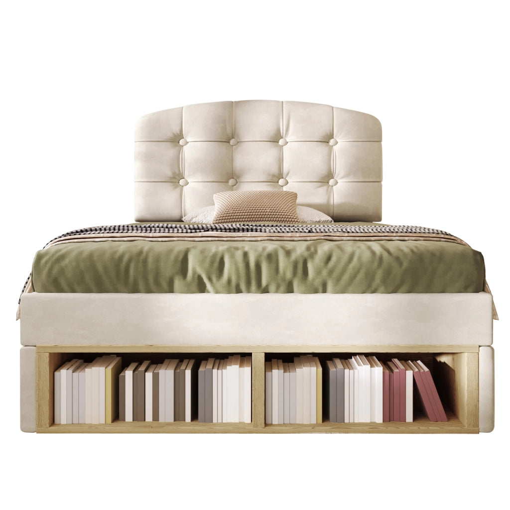 Letto Singolo Imbottito con Cassetti ¨C MINIMAL ¨C Velluto Beige, Testiera Regolabile, 90x200