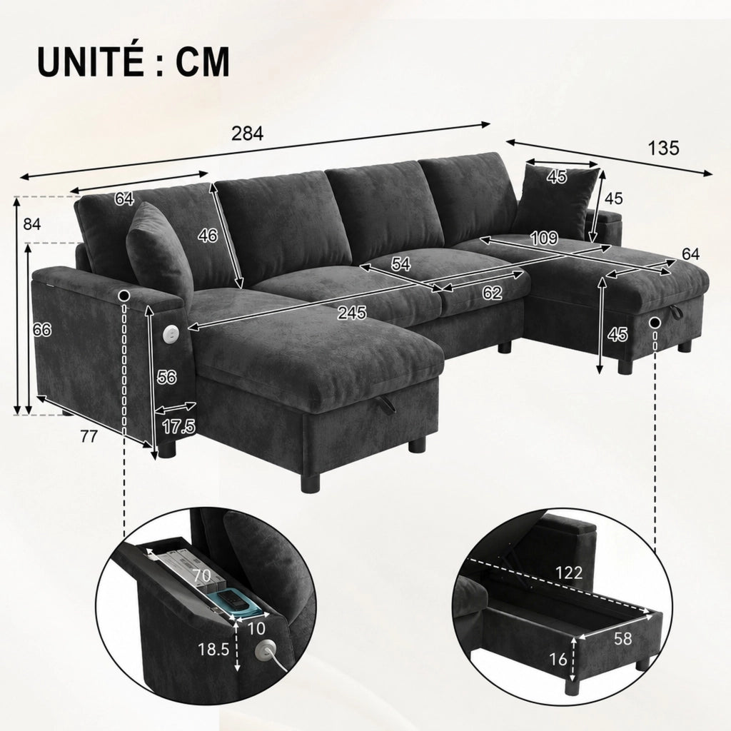 DIVANO U con chaise longue, 279x135x84 cm, Chenille Grigio, USB e Type-C