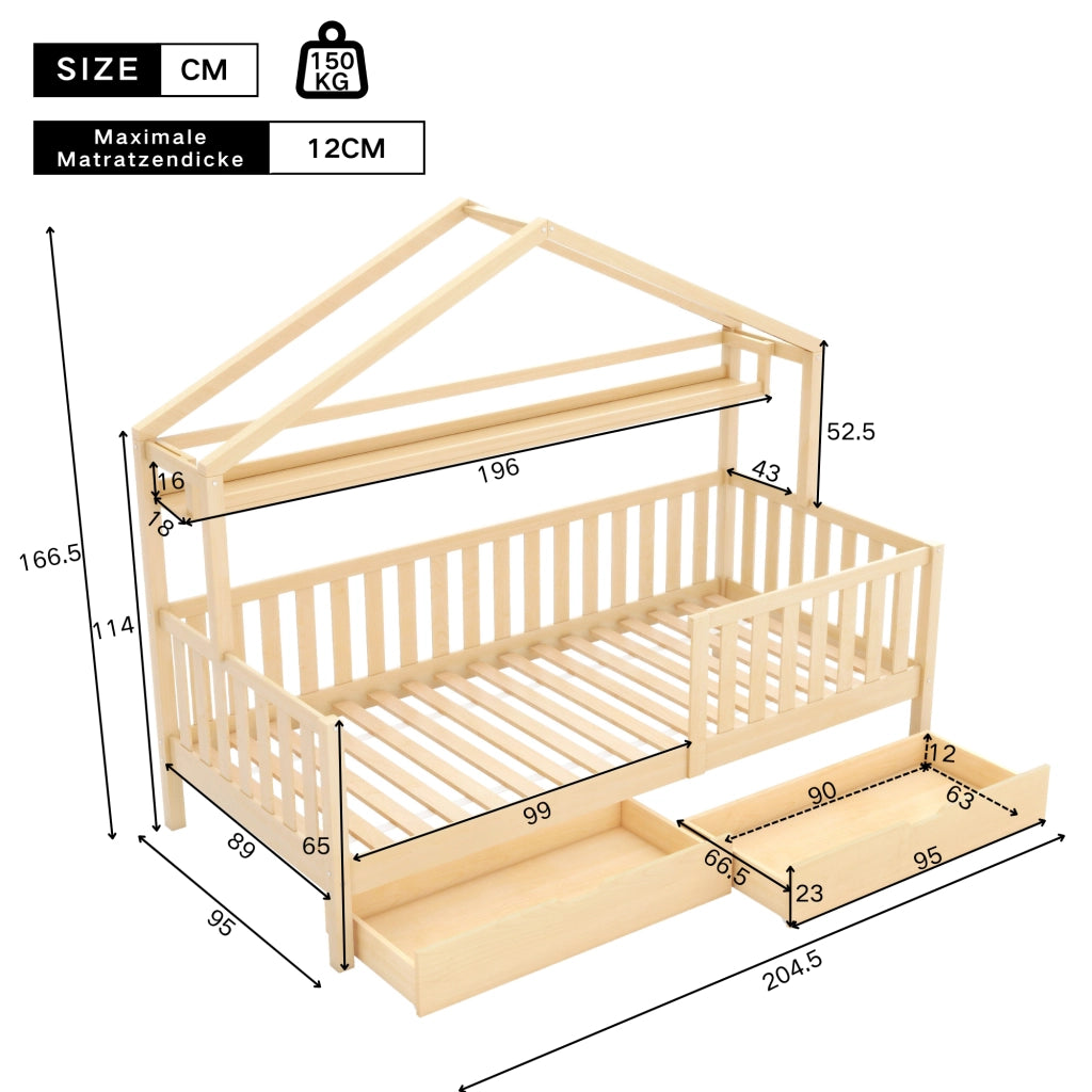 letto per bambini in legno massello naturale 90 x 200 cm