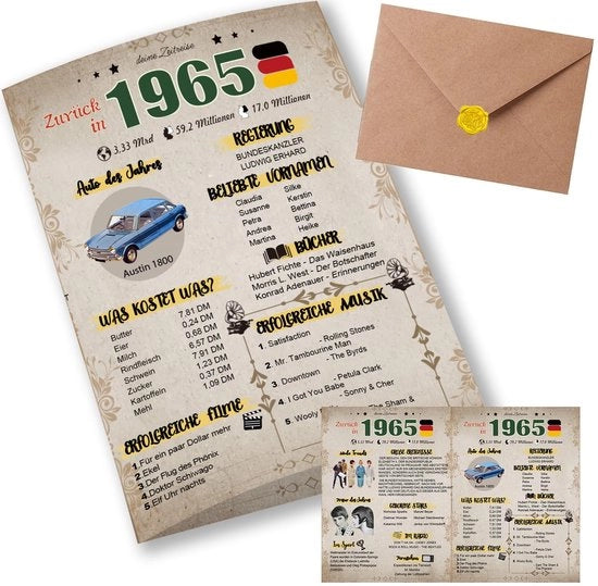Carta di compleanno per 60 anni - Viaggio nel tempo vintage - 1965 - Carta di compleanno con busta - Desiderio di compleanno personale - DIN A5 - Carta di compleanno augurale