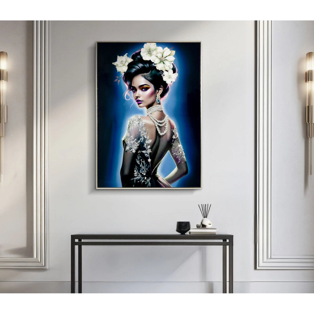 Dipinto su tela Isabel B dama con perle e fiori bianchi, 72x102 cm