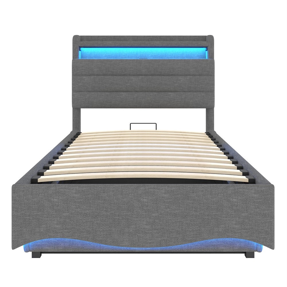 Letto Imbottito Contenitore con LED ¨C Xylo ¨C Tessuto Grigio, Idraulico, 90x200
