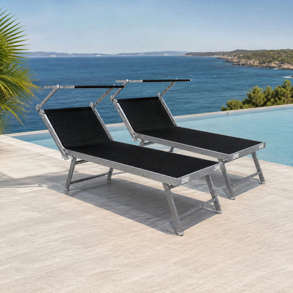 Set Di 2 Lettini Prendisole Pieghevoli Professionali In Alluminio Tettino Parasole Tettuccio Orientabile Per Mare Spiaggia Piscina Giardino Lettino Prendi Sole 182 X 60 X 38 Cm Nero