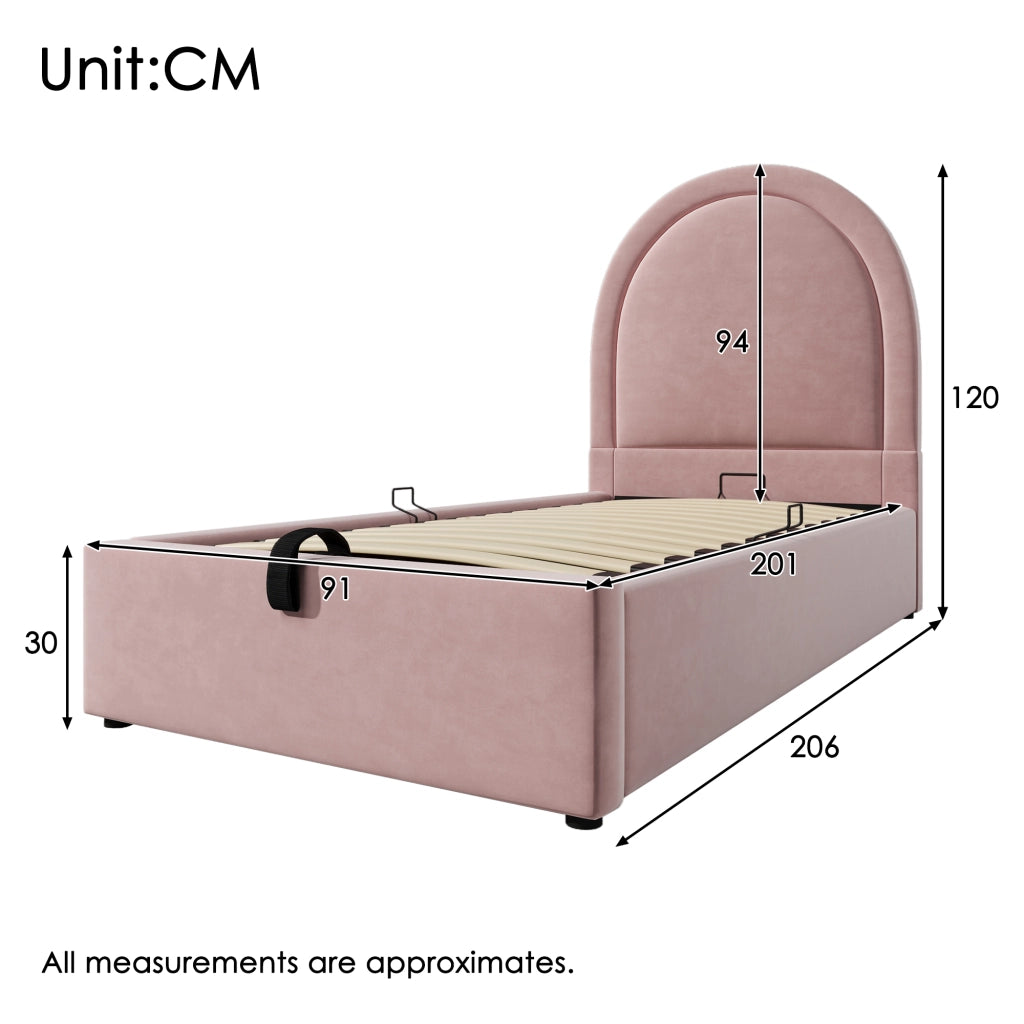 Letto singolo contenitore 90×200 cm con testiera; rete sollevabile; materasso incluso; velluto; rosa