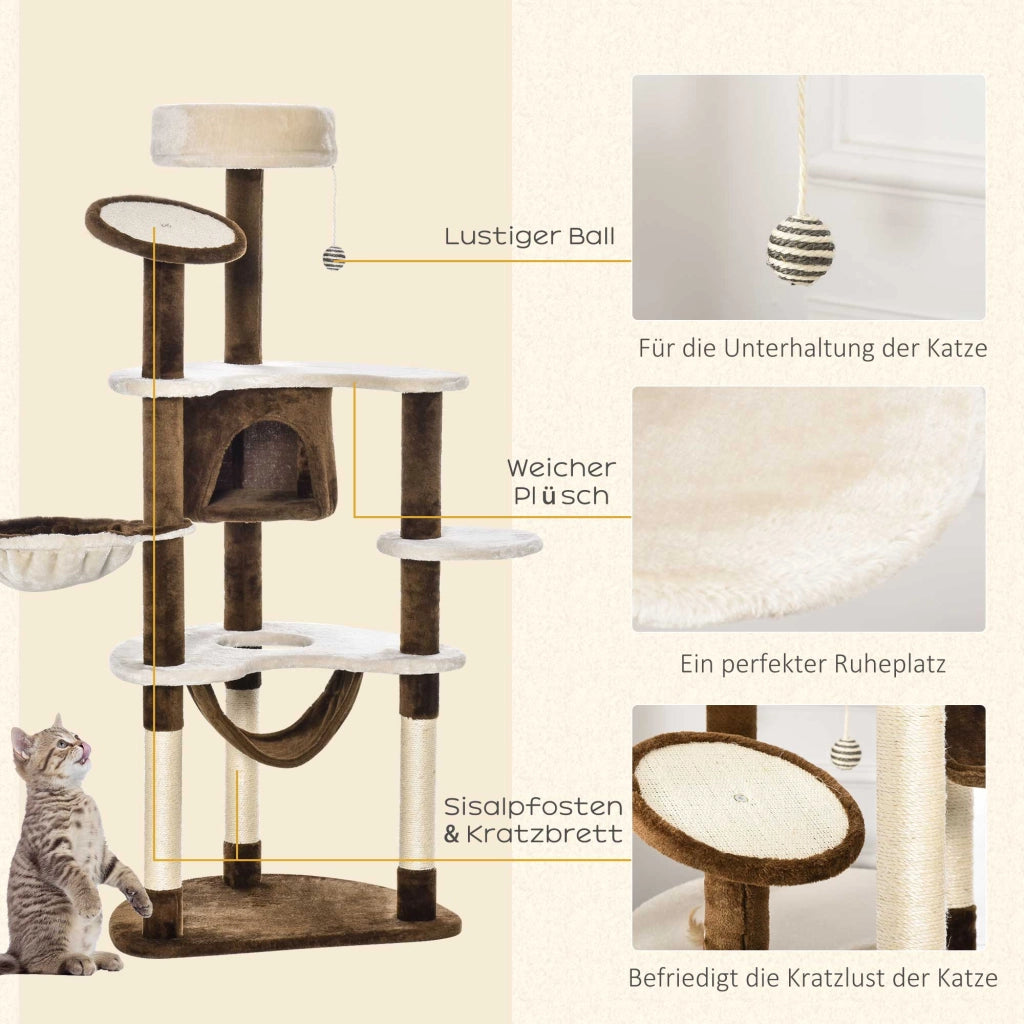 Tiragraffi XXL per gatti, alto 153 cm, con cuccia, amaca e albero per arrampicarsi, in morbido tessuto marrone per giocare e rilassarsi.