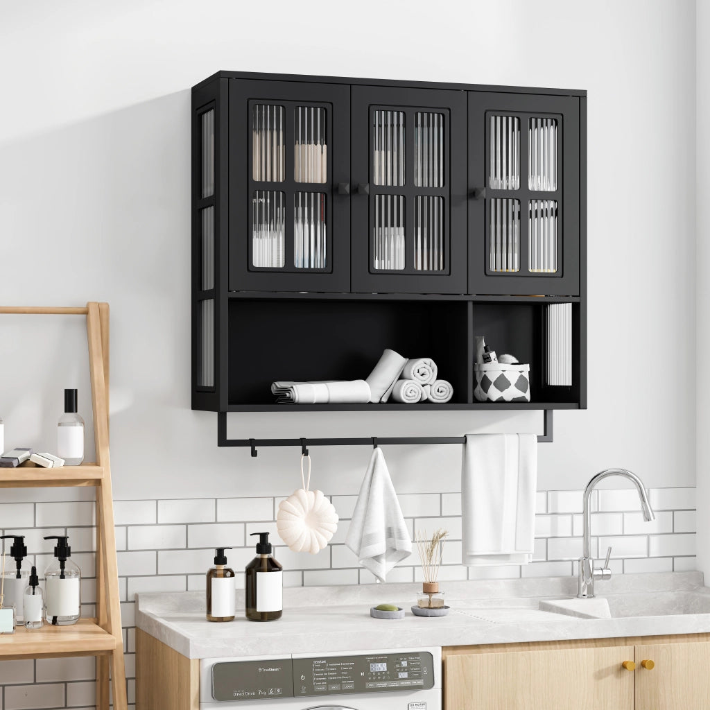 Mobile pensile da bagno moderno a 3 ante in MDF e vetro temperato, nero, con portasciugamani e ripiani regolabili