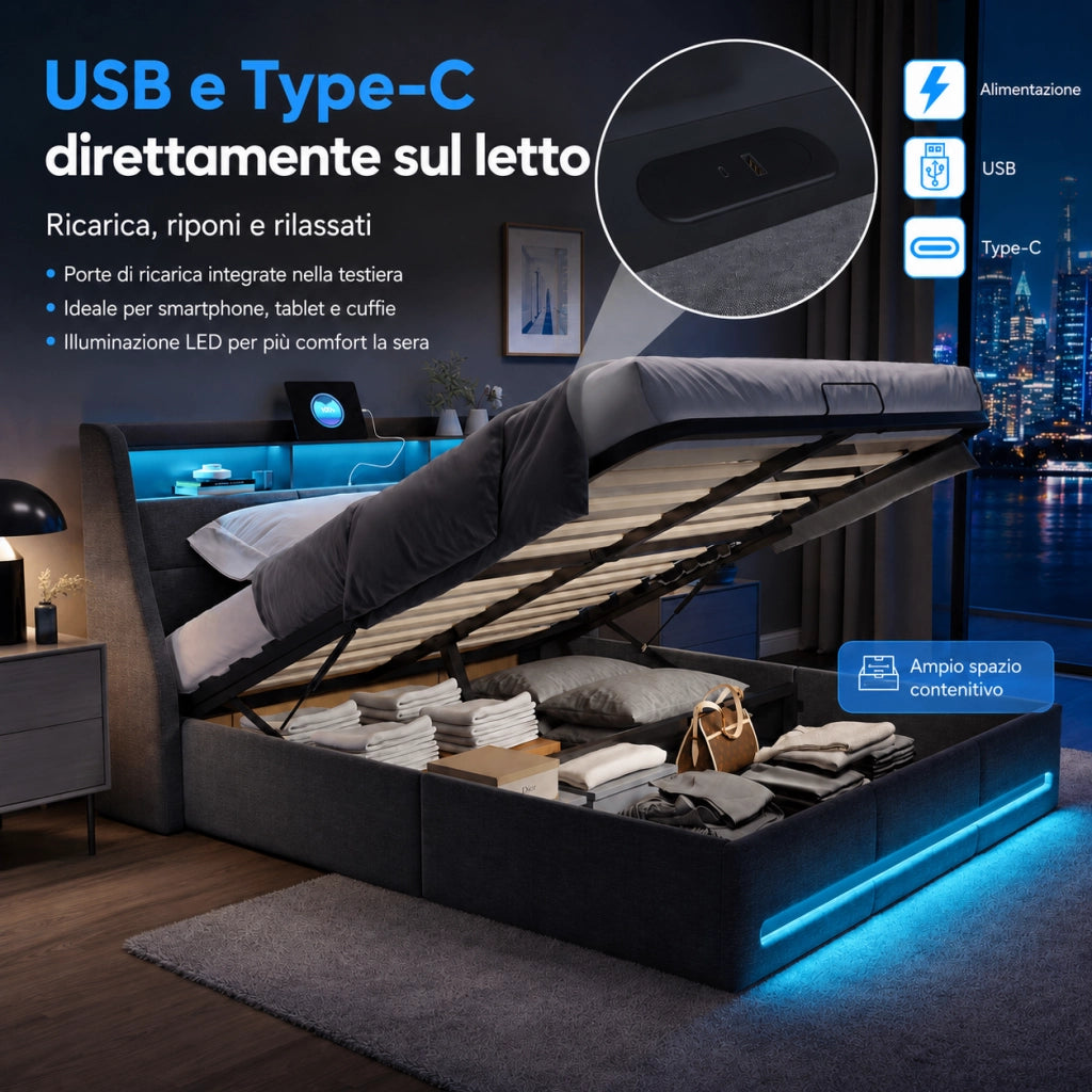 Letto matrimoniale con contenitore idraulico 140×200 cm, tessuto grigio, effetto sospeso LED RGB, testiera con vani, ricarica USB e USB‑C