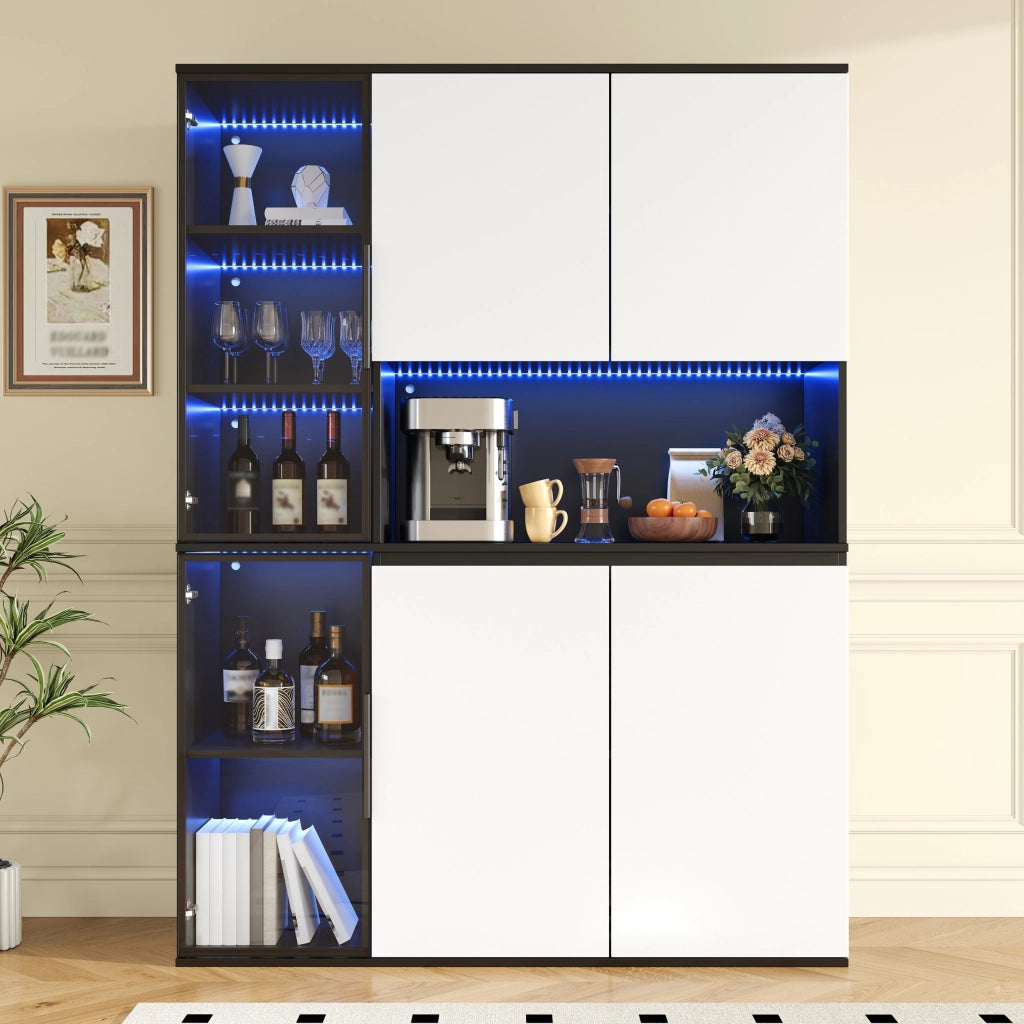 Vetrina, credenza, ante in vetro, luci a LED, MDF, bianco e nero