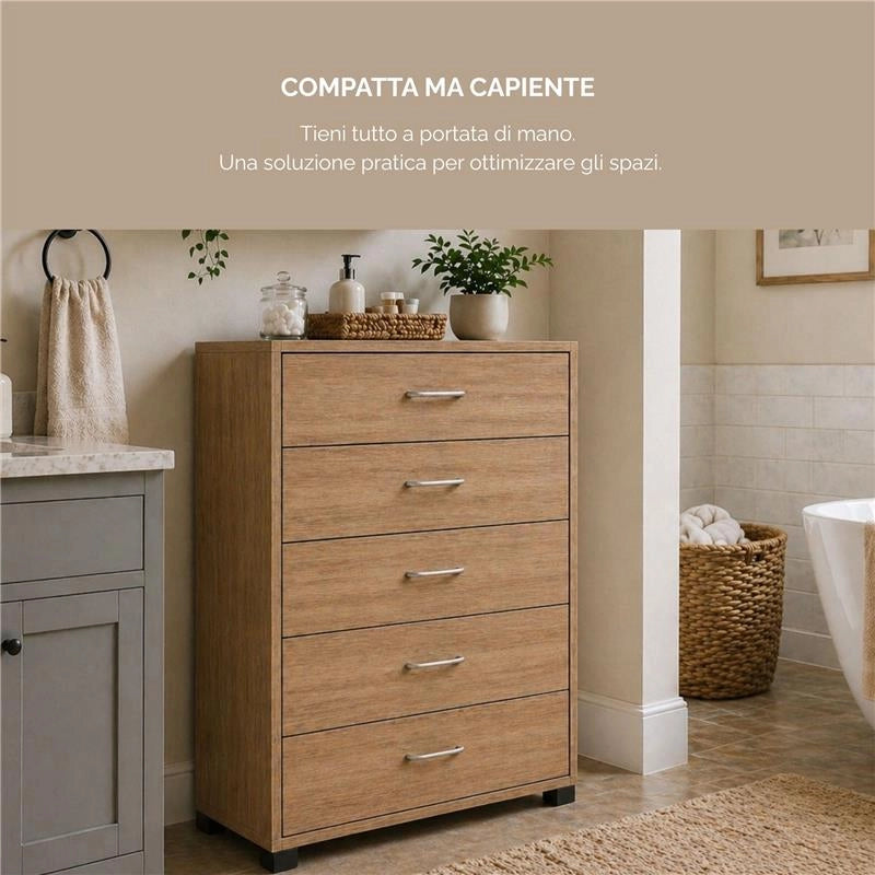 CASSETTIERA 5 CASSETTI IN LEGNO CON PIANO D'APPOGGIO COLORE ROVERE DIMENSIONI 50X40X101CM