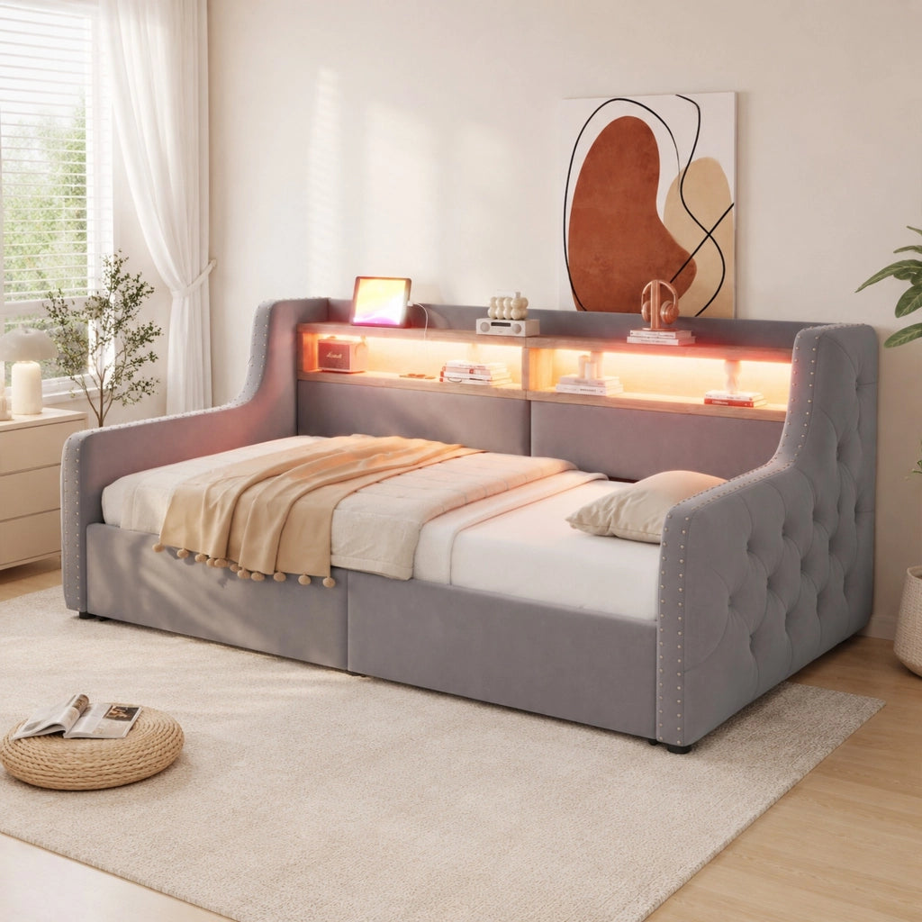 Divano letto imbottito 90x200 cm in velluto grigio chiaro con contenitore; LED e prese