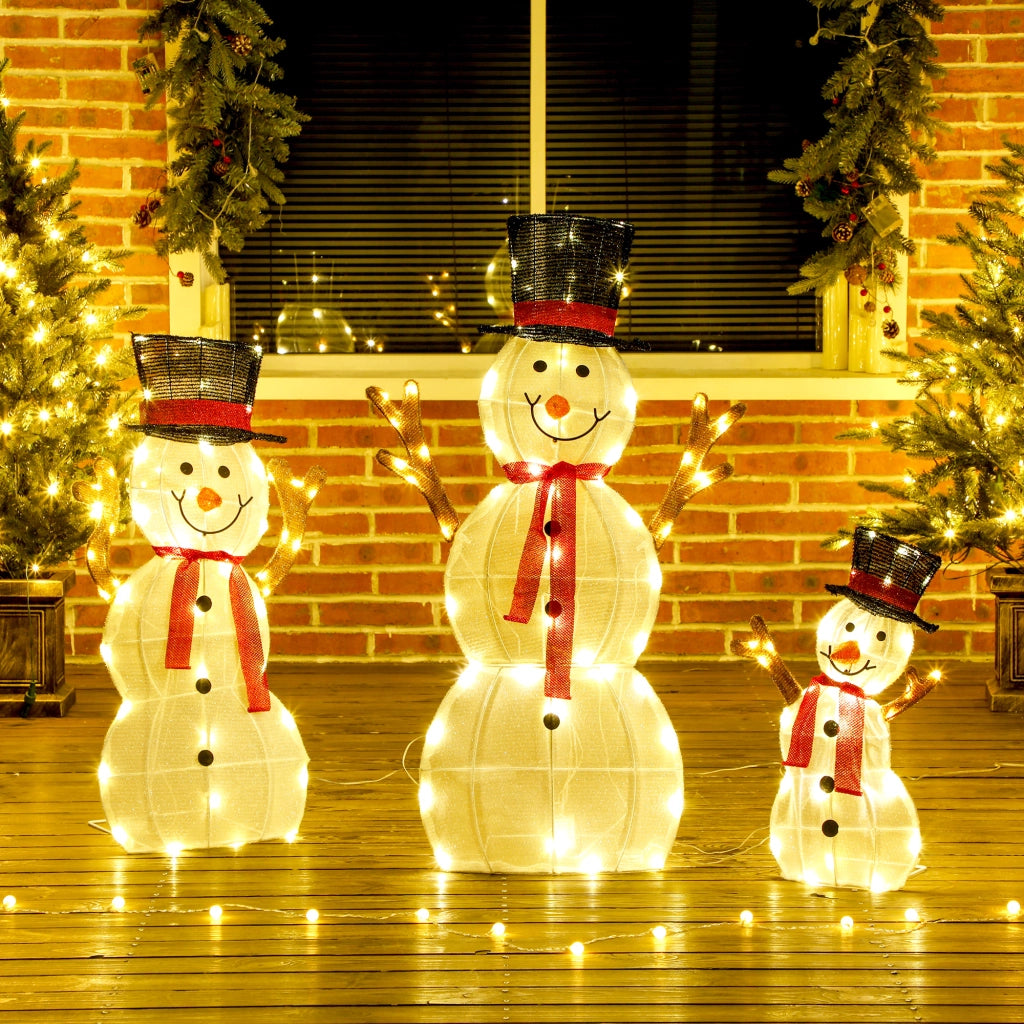 Famiglia di Pupazzi di Neve Natalizi 3 Pezzi ¨C zephmum ¨C Bianco, Acciaio, Polyester, LED, Esterno