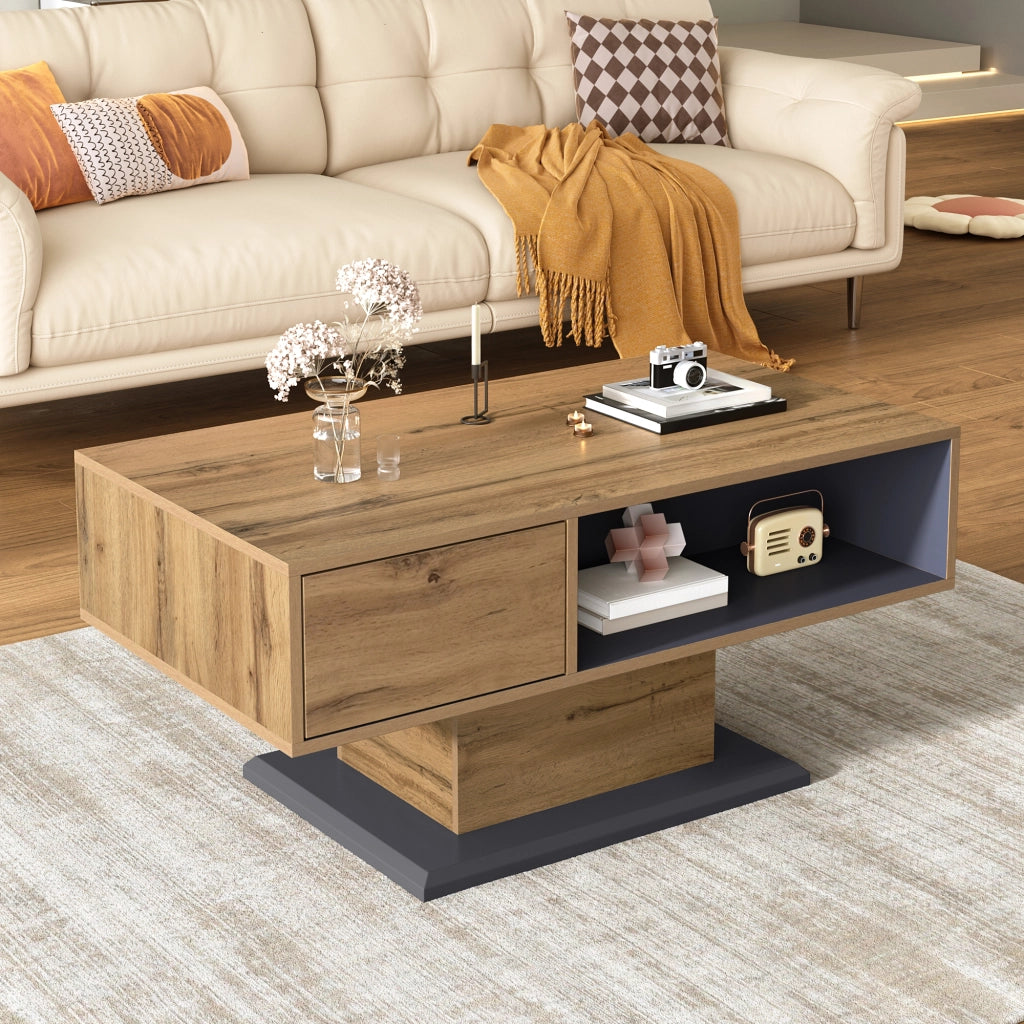 Tavolino da salotto con contenitore su due lati, vano interno, per soggiorno, in truciolare, rovere e grigio, 100 × 50 × 46,5 cm
