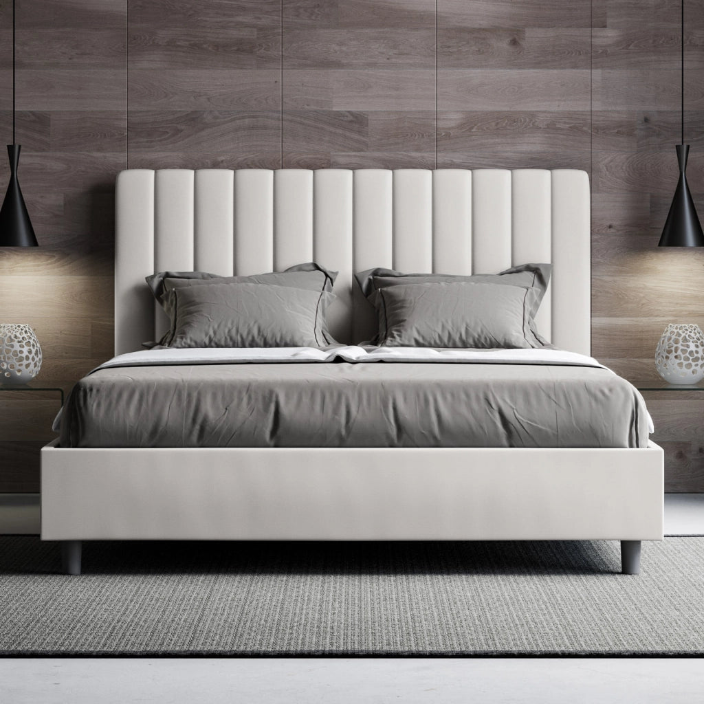 BS COM Letto matrimoniale con rete imbottito 160x200 similpelle bianco