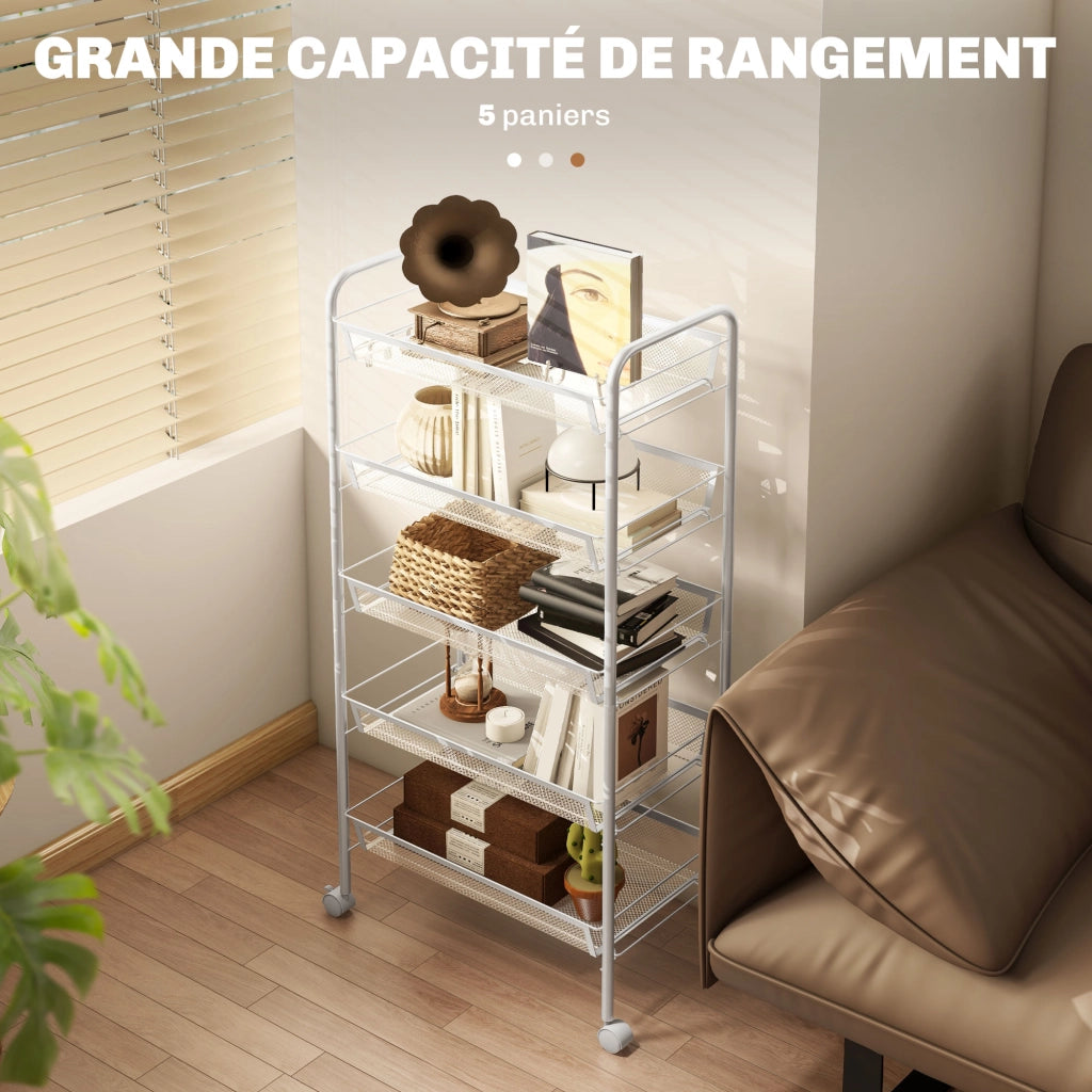 Carrello multiuso a 5 ripiani ¨C Xylo ¨C con cestelli rimovibili e 4 ganci, bianco, 45x26.5x106cm