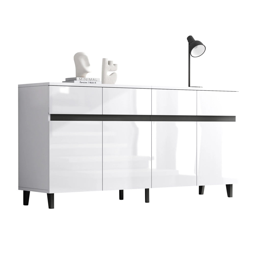 Credenza moderna bianca lucida 160x40x68 cm in truciolare; con 4 cassetti e ripiani regolabili