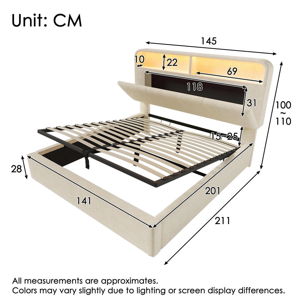 Letto Matrimoniale Idraulico 140x200cm - Xylo - Testiera Regolabile LED con USB, Velluto Beige