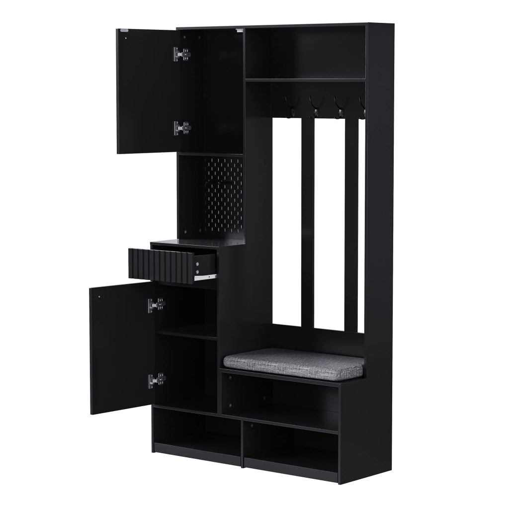 Set Ingresso con Panca, Ante, Cassetti e Ganci ¨C MINIMAL ¨C Nero 100¡Á180¡Á35 cm