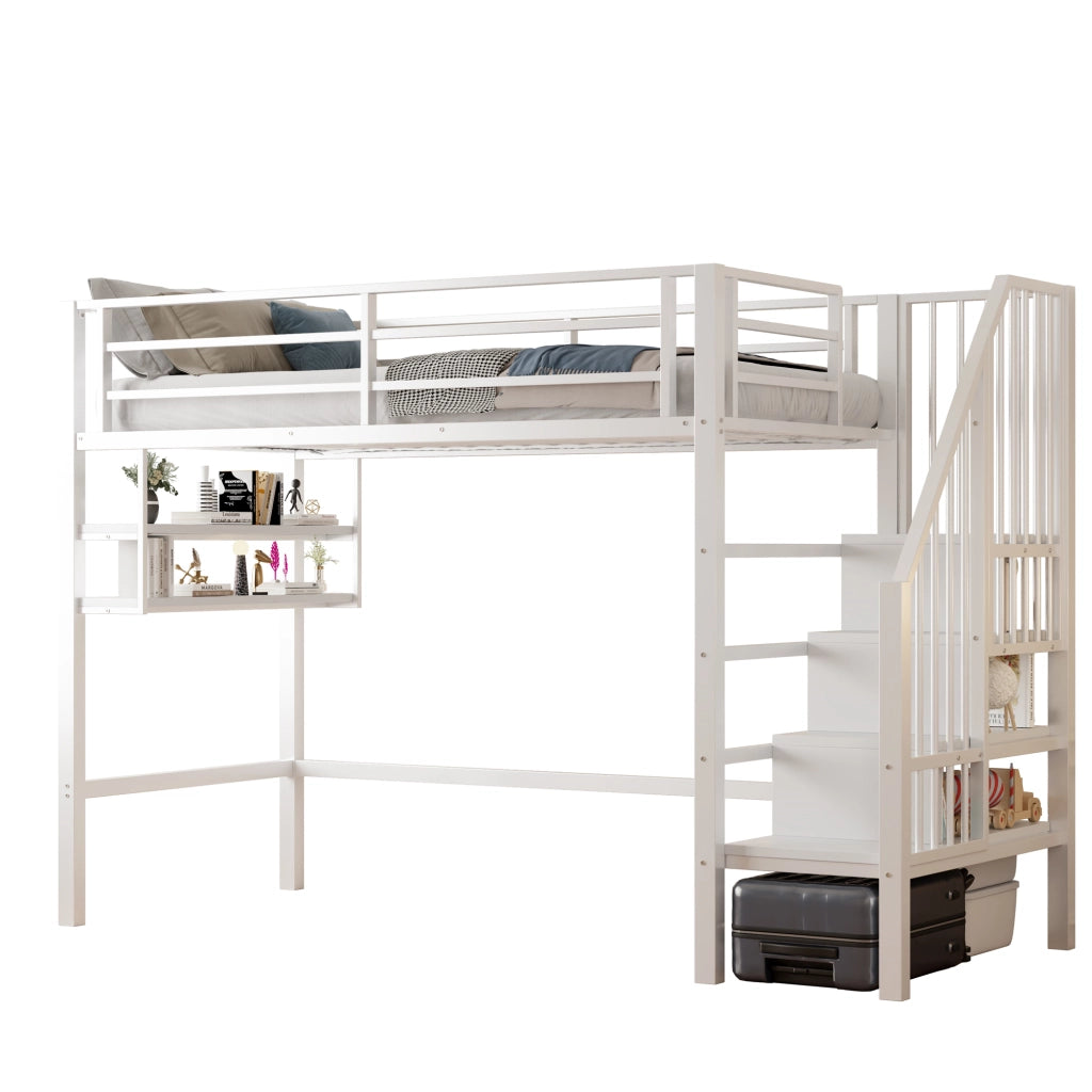 LETTO A CASTELLO 90x200 cm con ripiani, scala contenitore, bianco