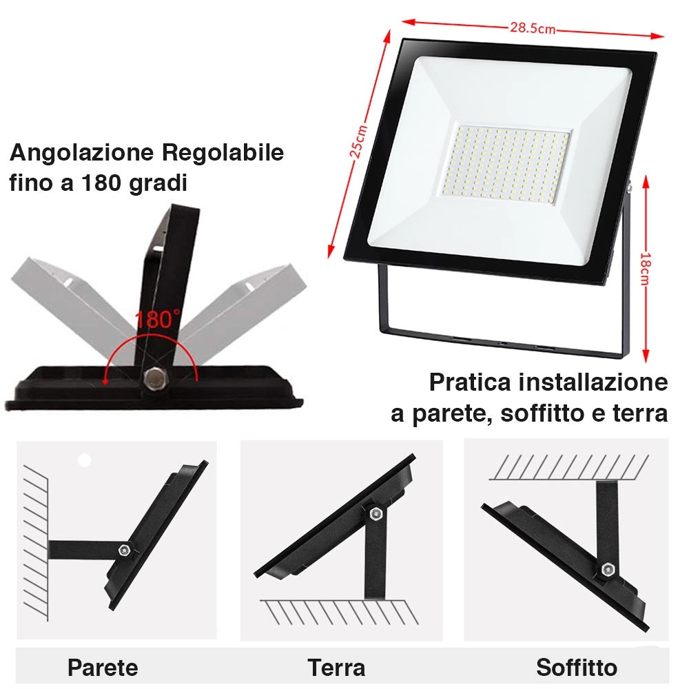 Set 2 Fari Led 25x28,5x18 cm Potenza 100W Luce Bianca Alta Luminosità 8000 lm in Alluminio e Vetro Nero