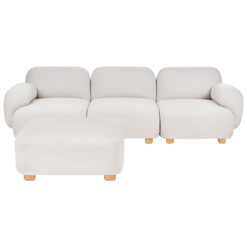 Divano modulare a 3 posti in tessuto con pouf tre elementi idrorepellente gambe in legno bianco sporco stile moderno
