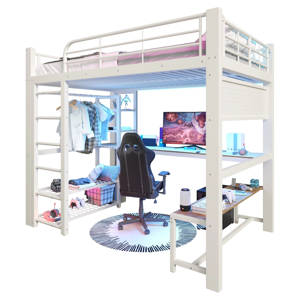 Letto a soppalco in metallo 140x200 cm con scrivania, LED e spazio contenitivo, bianco