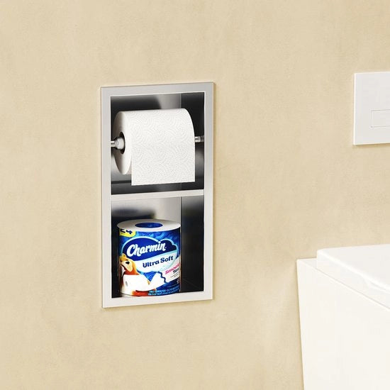 Ingresso toilette in muratura, nis toilette in acciaio inossidabile, toilette con contenitore per carta igienica e spazio di deposito, fissaggio al muro, doppio strato, 34 x 18 cm, finitura a specchio nichelato