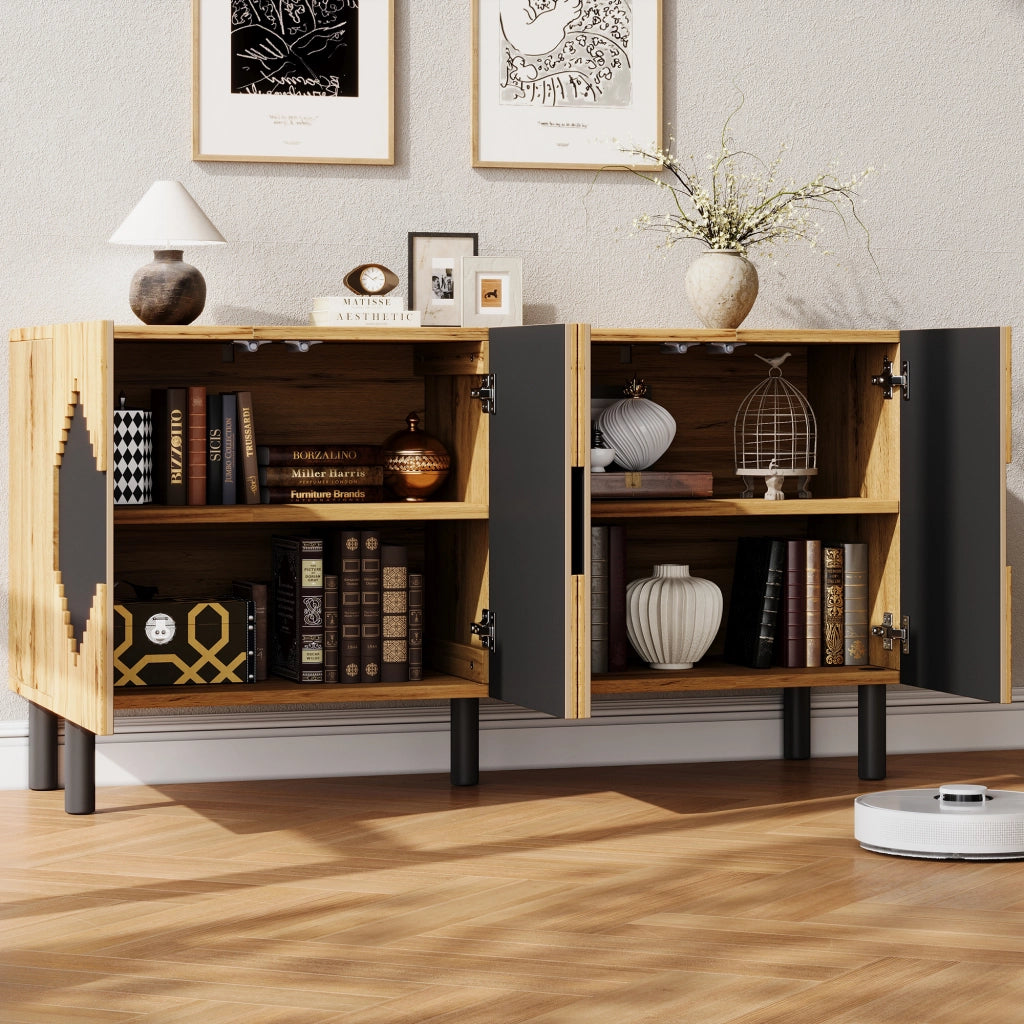 Credenza con 4 vani chiusi e apertura push; per soggiorno o sala da pranzo; naturale e nero; 140 × 40 × 70 cm
